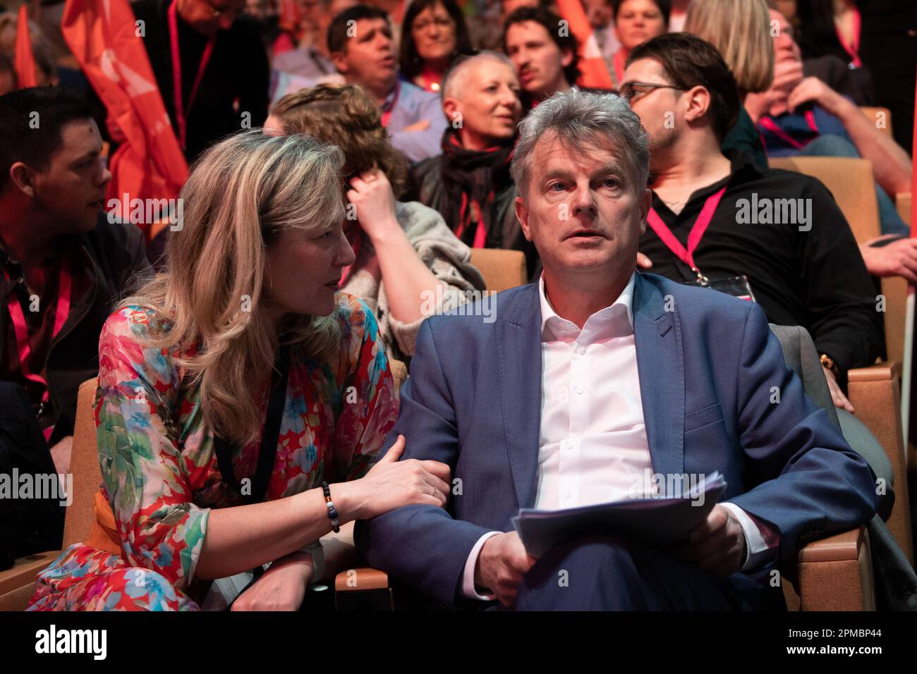 Marseille, France. 10th Apr, 2023. Fabien Roussel is seen with his wife at its side before delivering his speech after being re-elected as the National Secretary of the French Communist Party (PCF). The 39th Congress of the French Communist Party (PCF) took place in Marseille from 7 to 10 April 2023. It reappoints Fabien Roussel as its leader. (Photo by Laurent Coust/SOPA Images/Sipa USA) Credit: Sipa USA/Alamy Live News Stock Photo