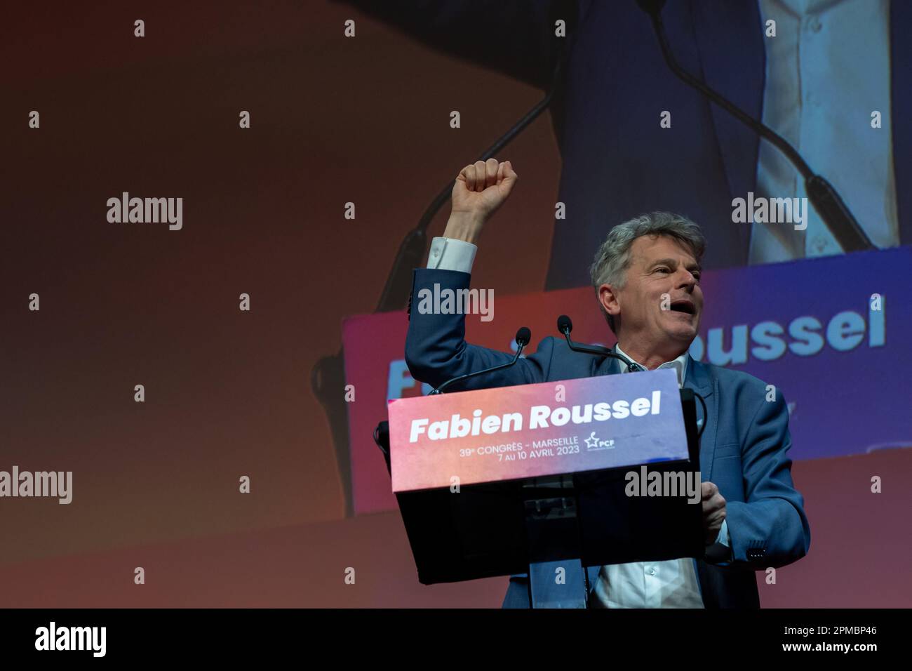 Marseille, France. 10th Apr, 2023. Fabien Roussel delivers the closing speech after his re-election as the National Secretary of the French Communist Party (PCF). The 39th Congress of the French Communist Party (PCF) took place in Marseille from 7 to 10 April 2023. It reappoints Fabien Roussel as its leader. (Photo by Laurent Coust/SOPA Images/Sipa USA) Credit: Sipa USA/Alamy Live News Stock Photo