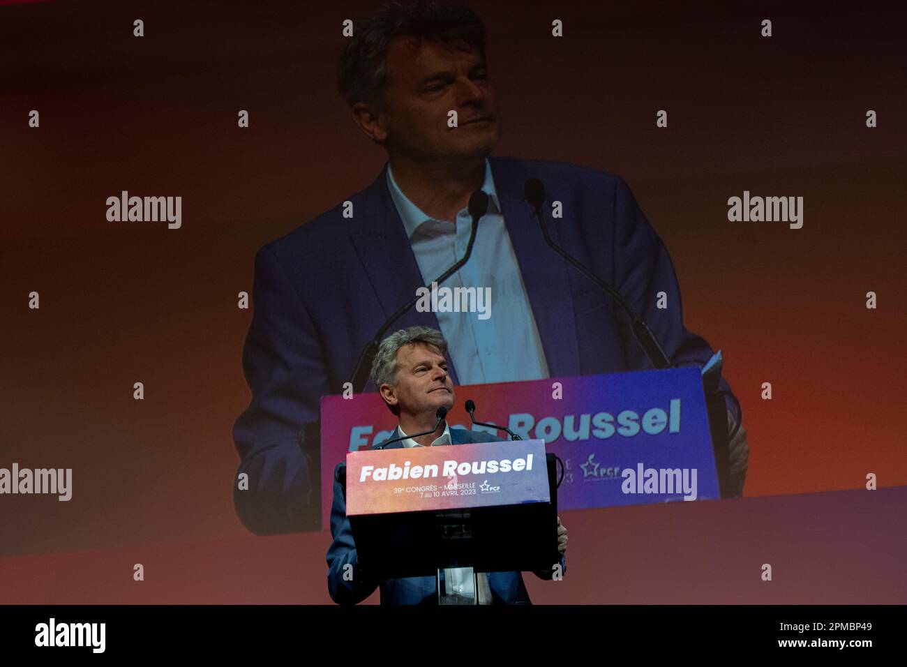 Marseille, France. 10th Apr, 2023. Fabien Roussel delivers the closing speech after his re-election as the National Secretary of the French Communist Party (PCF). The 39th Congress of the French Communist Party (PCF) took place in Marseille from 7 to 10 April 2023. It reappoints Fabien Roussel as its leader. (Photo by Laurent Coust/SOPA Images/Sipa USA) Credit: Sipa USA/Alamy Live News Stock Photo