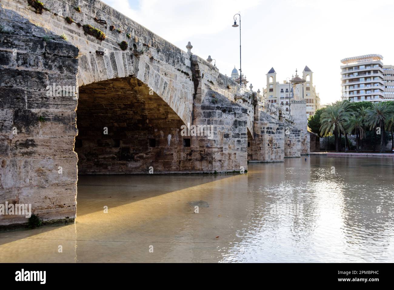 Spanien, Valencia, Park im trockengelegten Flussbett des Turia, Pont de la Trinitat // Spain, Valencia, Garden in the bed of former River Turia, Pont Stock Photo