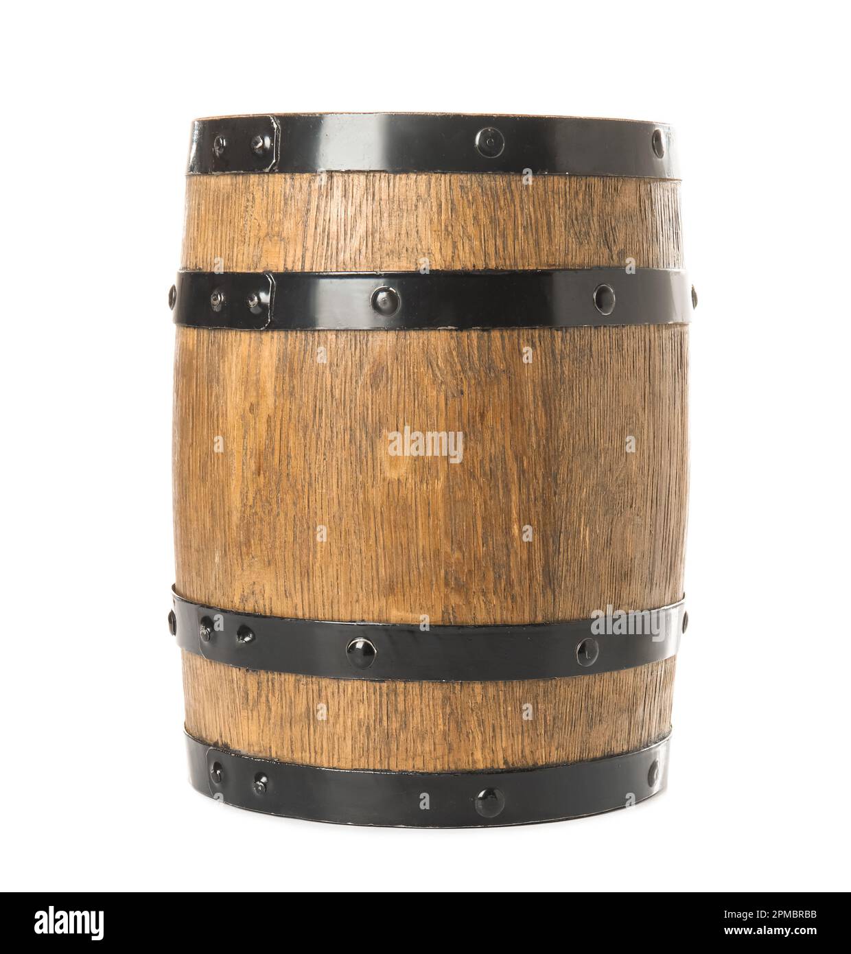 Oak barrel with metal hoops isolated on white background Stock Photo