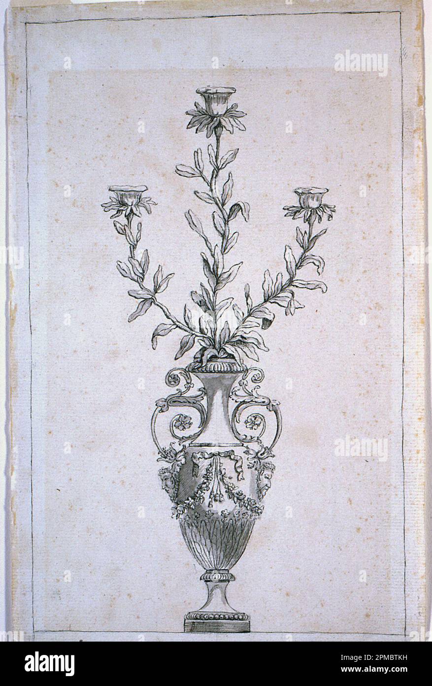 Drawing, Design for a candelabrum; France; pen and ink, brush and wash on paper; Image: 31.9 x 19.4 cm (12 9/16 x 7 5/8 in.) Sheet: 33.6 x 21.5 cm (13 1/4 x 8 7/16 in.) Stock Photo