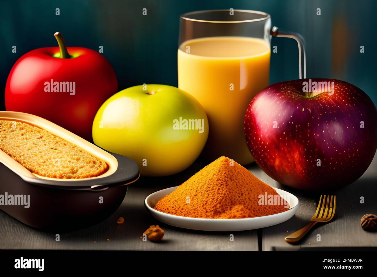 Healthy breakfast with apple juice, bread and orange juice on wooden