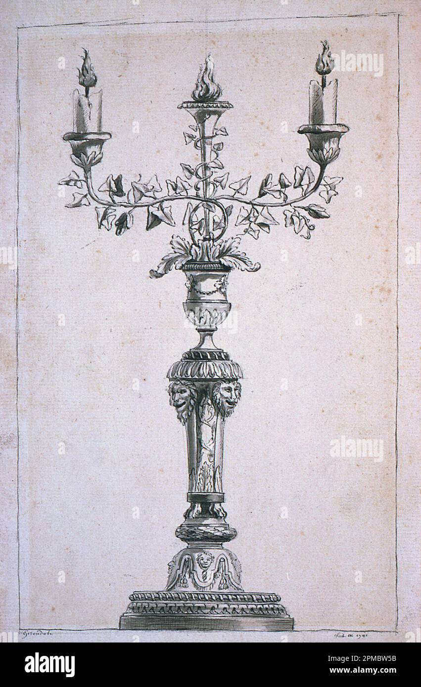 Drawing, Project for a candelabrum; France; pen and ink, brush and wash on paper; Image: 30.2 x 18.7 cm (11 7/8 x 7 3/8 in.) Sheet: 32.9 x 21.4 cm (12 15/16 x 8 7/16 in.) Stock Photo