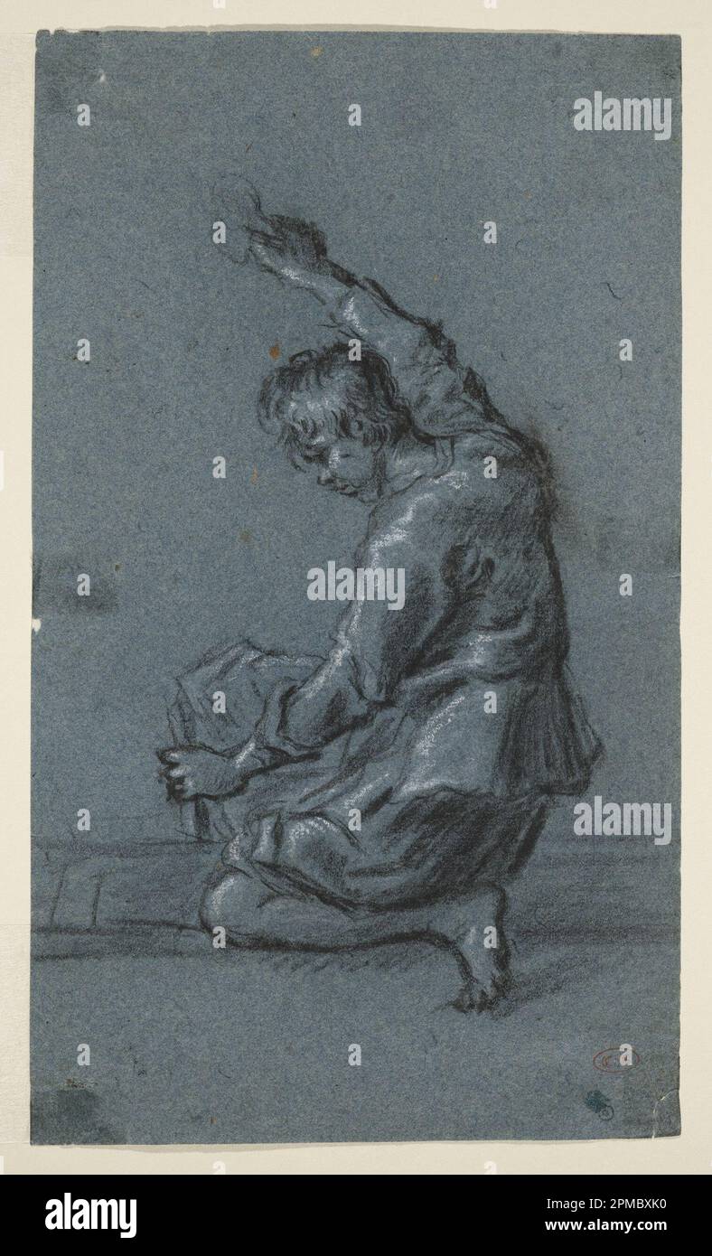 Drawing, Study of a Boy Carpenter; Netherlands; black and white crayon on grayish-blue laid paper; 26.3 x 15.4 cm (10 3/8 x 6 1/16 in.) Stock Photo