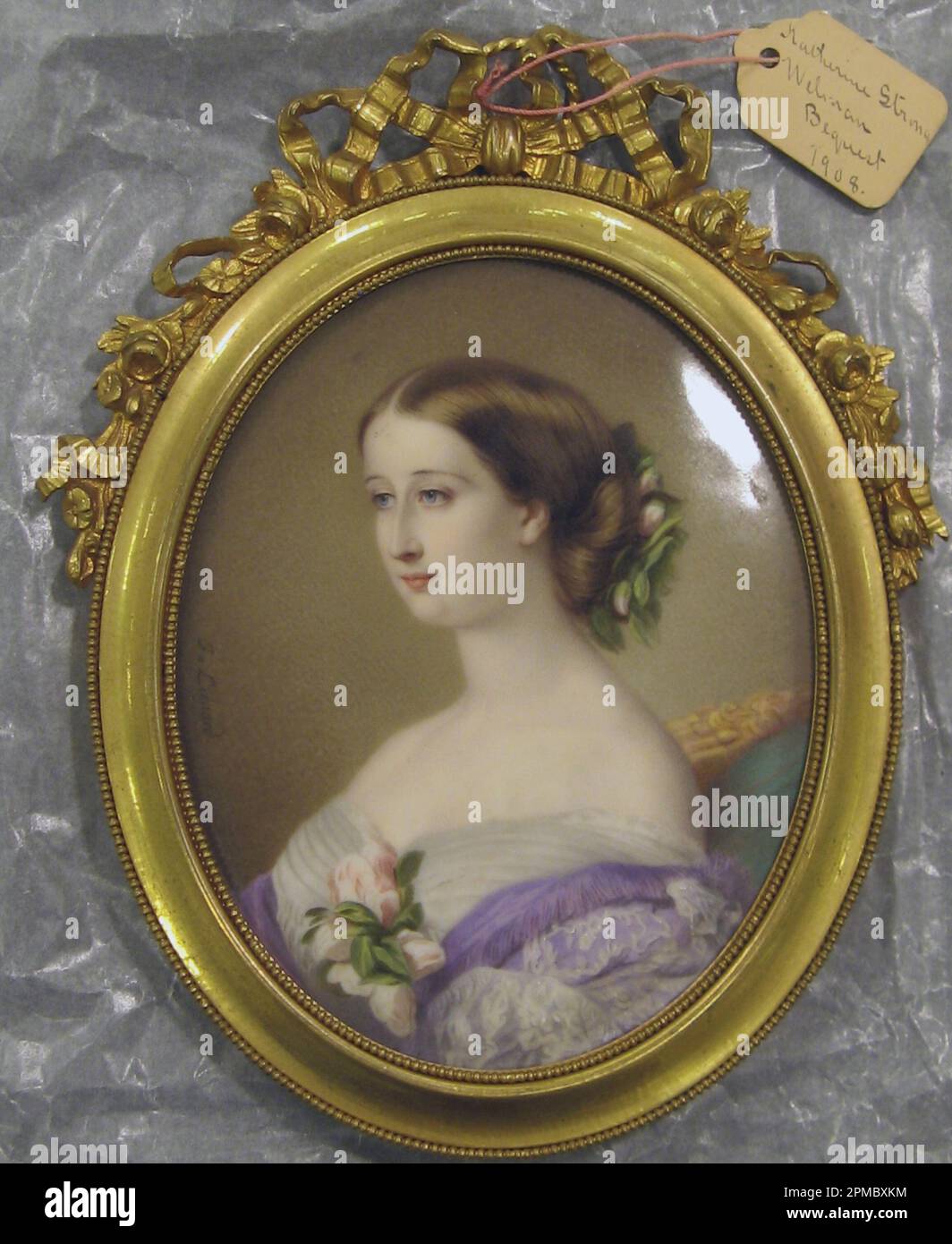 Miniature, Portrait of the Empress Eugenie; France; enamel on porcelain in brass frame.; Frame H x W x D: 18.9 x 15.1 cm (7 7/16 x 5 15/16 in.) Image: 13.6 x 11.8 cm (5 3/8 x 4 5/8 in.); Bequest of Katherine Strong Welman; 1908-23-37 Stock Photo