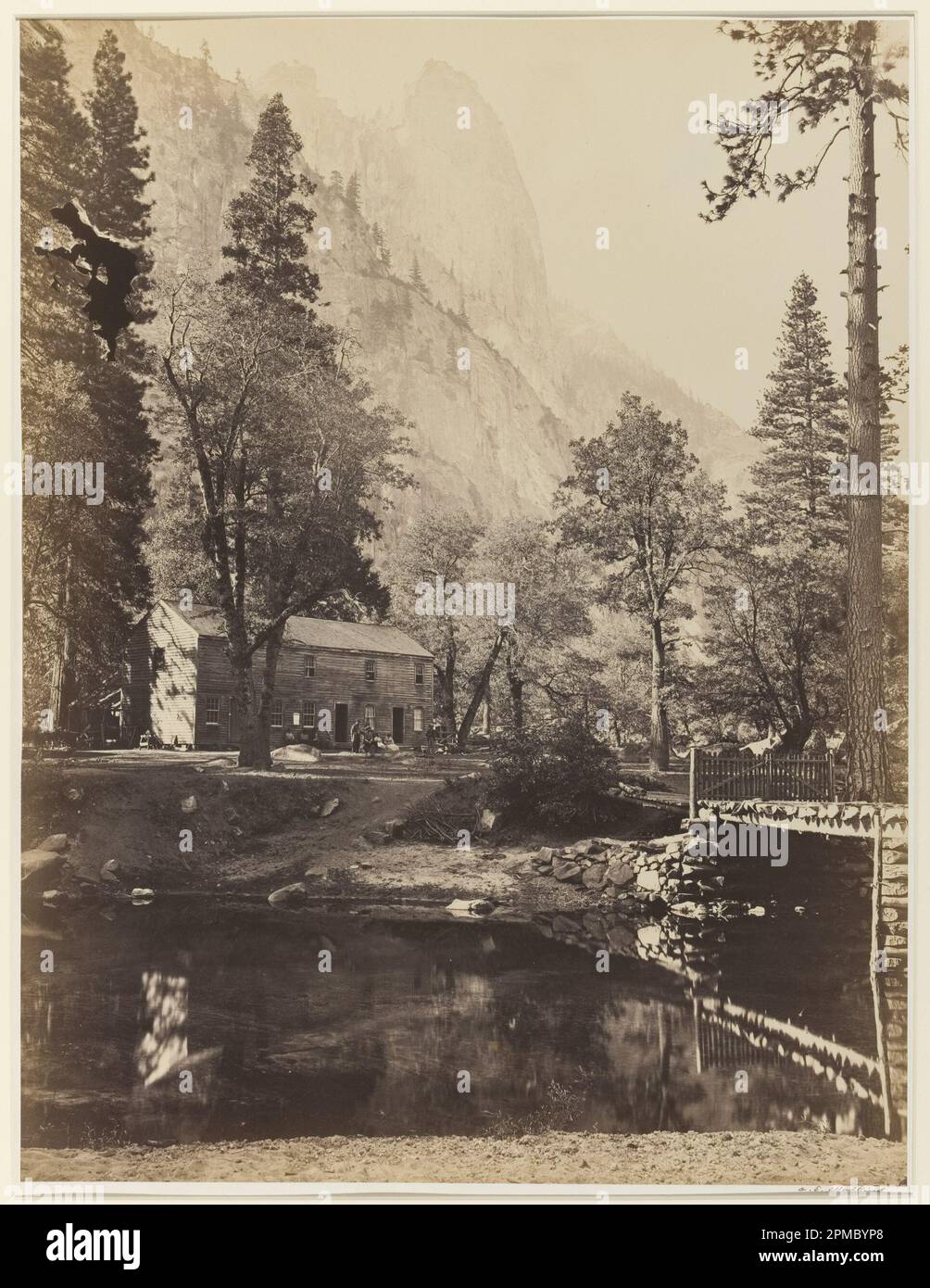 Photograph, Hutching's Hotel at the Foot of Sentinel, Yosemite; Photographed by Carleton E. Watkins (American, 1829 – 1916); USA; albumen silver print; Frame: 75.6 x 60 cm (29 3/4 x 23 5/8 in.) Stock Photo