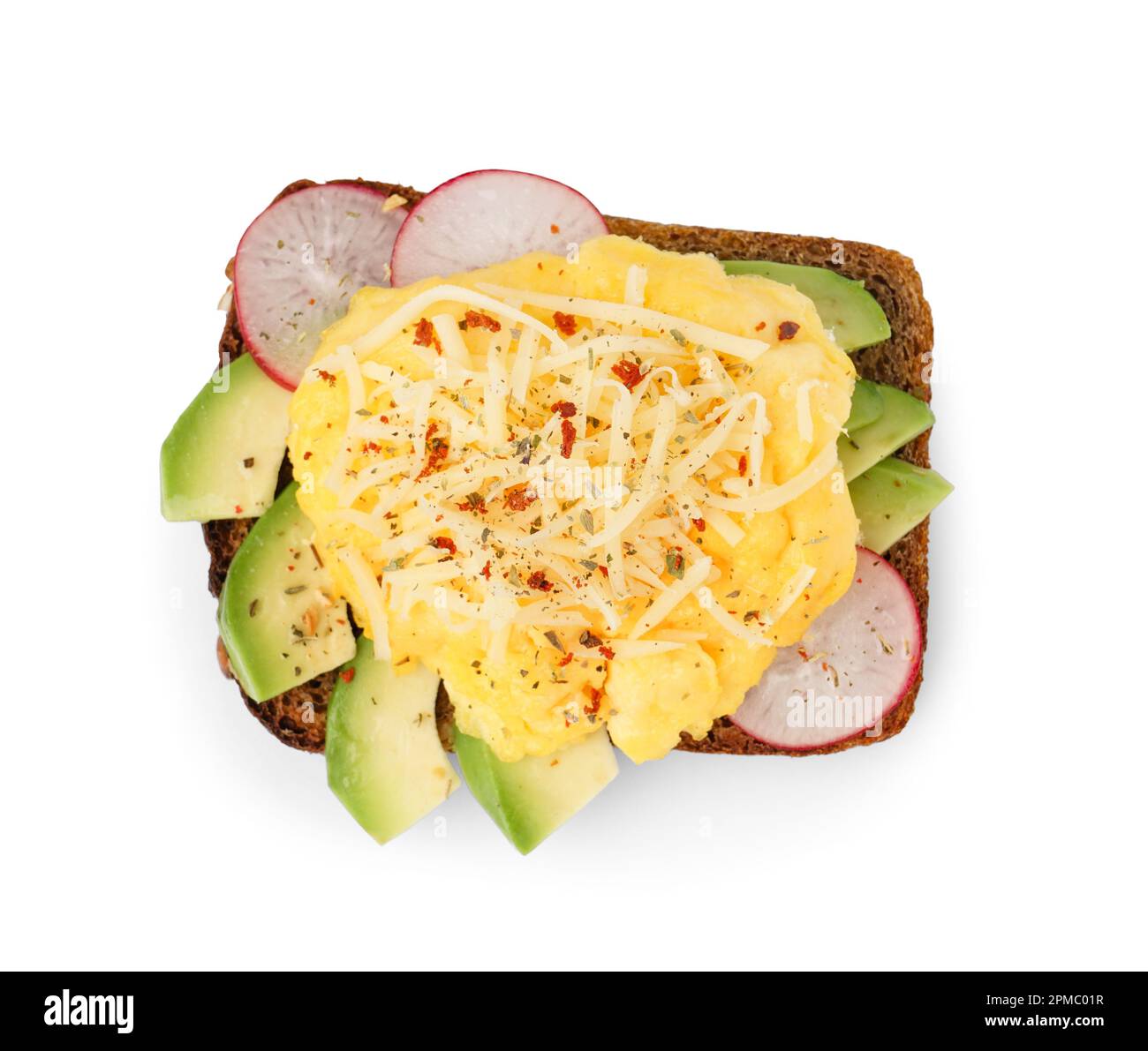 Tasty scrambled eggs sandwich and vegetables on white background Stock ...