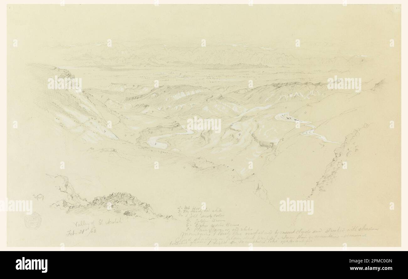 Drawing, Valley of El Arabah; Frederic Edwin Church (American, 1826–1900); USA; graphite, brush and white gouache on gray wove paper; 27.3 x 43.8 cm (10 3/4 x 17 1/4 in.) Mat: 40.6 x 55.9 cm (16 x 22 in.) Stock Photo