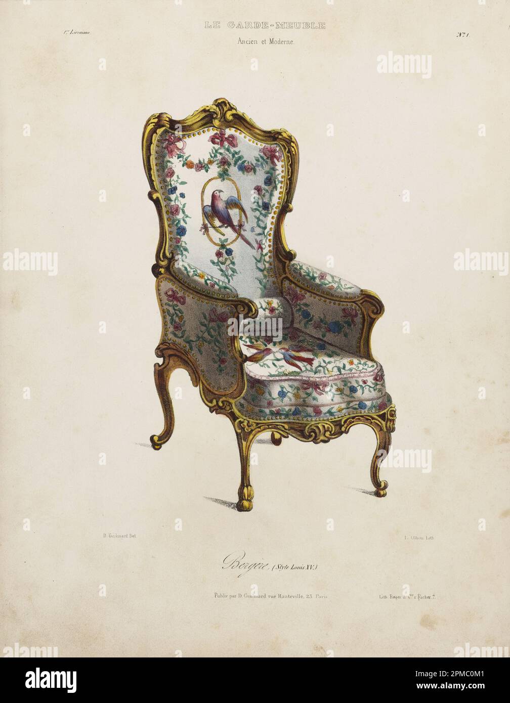 Album Page, 'Bergère' (Style Louix XV), no. 1, in Le Garde-Meuble (The Storehouse), 1839–85; Designed by Désiré Guilmard (French, 1810–1885); Lithographer: E. Olhon (French), Roger & Cie.; France; hand-colored lithograph on cream laid paper; 34 x 25.9 cm (13 3/8 x 10 3/16 in.); 1984-124-23-1 Stock Photo