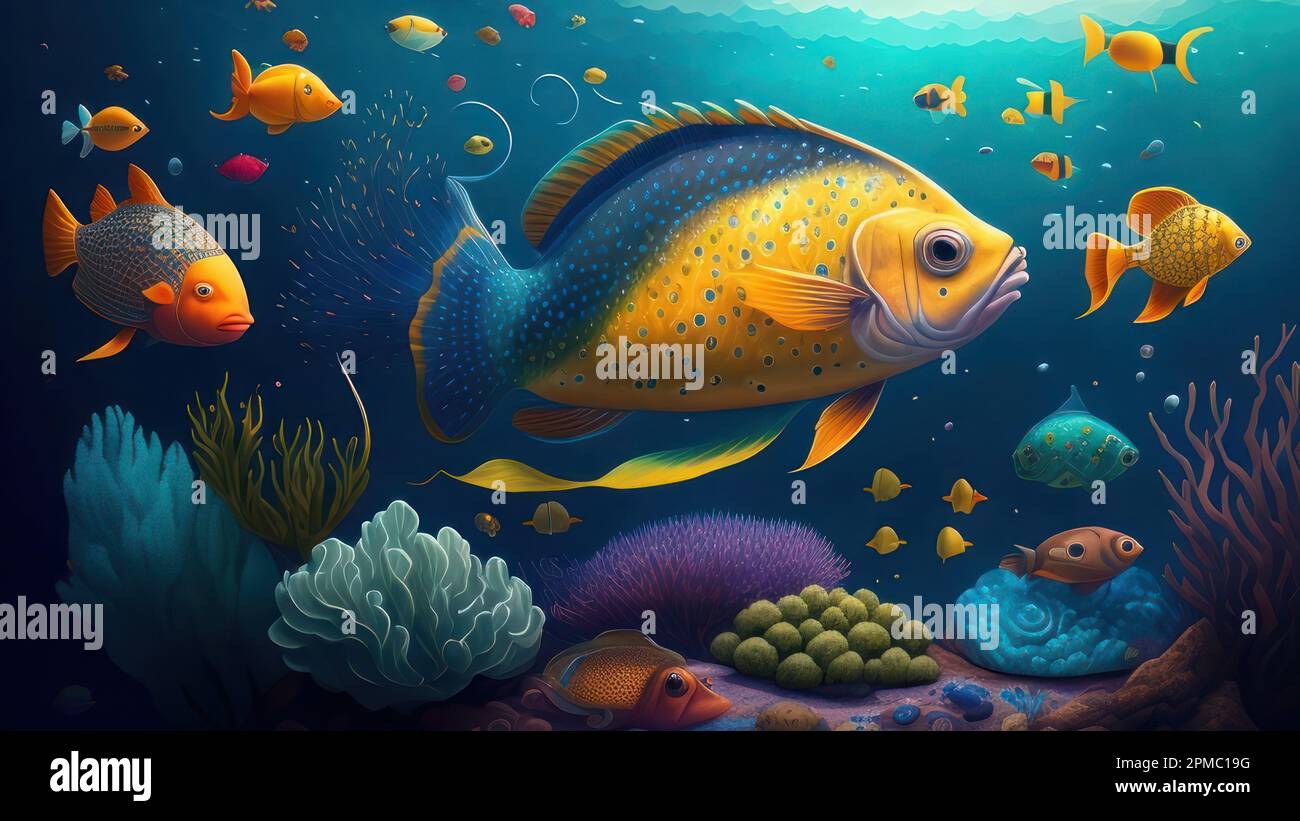 Underwater scene with colorful fish and corals. Vector illustration ...