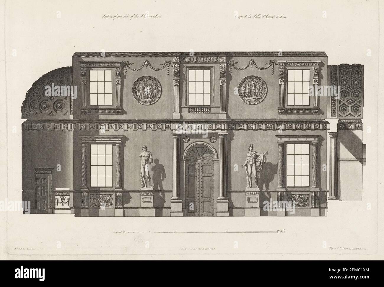 Bound Print, Section of the Long Side of Entrance Hall at Syon House, Middlesex, in Works in Architecture of Robert and James Adam, Vol. II, 2nd Edition; Designed by Robert Adam (British, 1728–1792), James Adam (Scottish, 1732–1794); Print Maker: Giovanni Battista Piranesi (Italian, 1720–1778); England; etching on cream laid paper; Overall: 30.5 x 68.6 x 99.1 cm (12 x 27 x 39 in.) Image: 70 x 96 cm (27 9/16 x 37 13/16 in.); 1981-36-2-25 Stock Photo