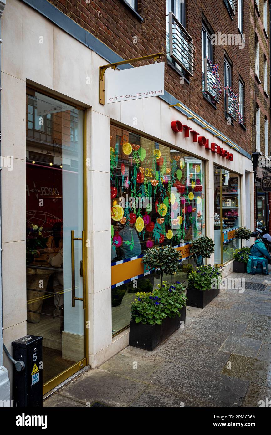 Ottolenghi Marylebone. The Ottolenghi restaurant and store at 63-65 Marylebone Lane Marylebone London. Yotam Ottolenghi opened first store in 2002. Stock Photo