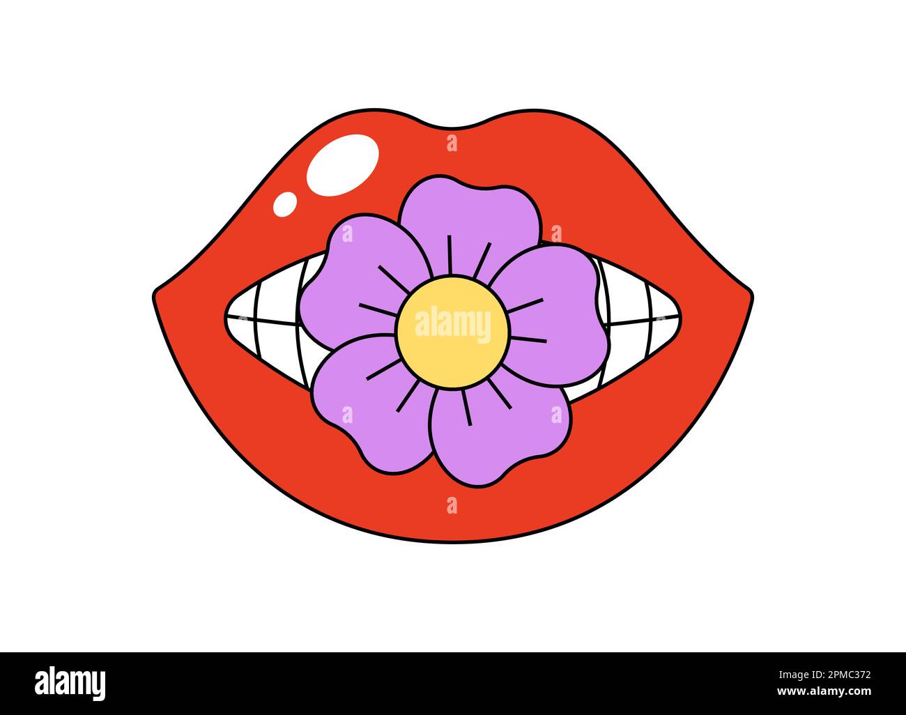 Retro groovy mouth with chamomile between teeth. Hippy glossy red open lips and daisy flower. Funky female lip with lipstick and floret. Vintage hippie sticker. Trendy y2k pop art patch. Vector eps Stock Vector