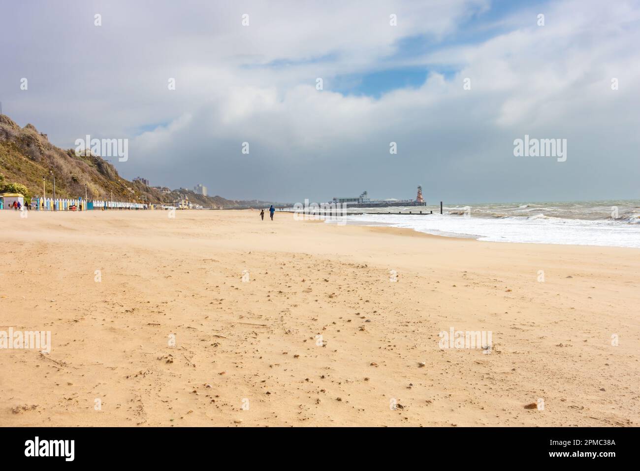 A view along Bournemouth Beach, a sandy beach in Dorset, UK in April