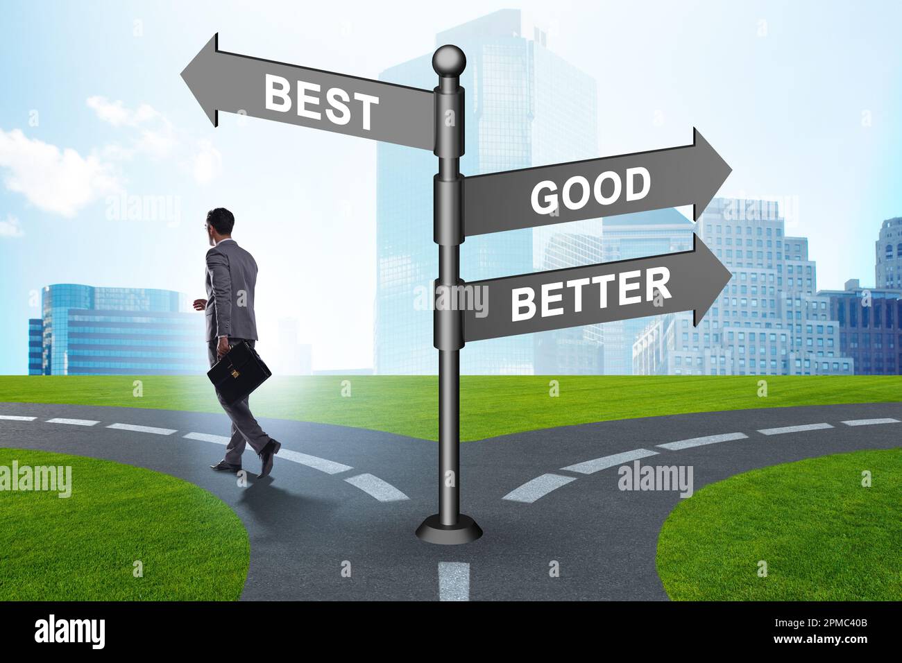 Crossroads concept with good better and the best Stock Photo - Alamy