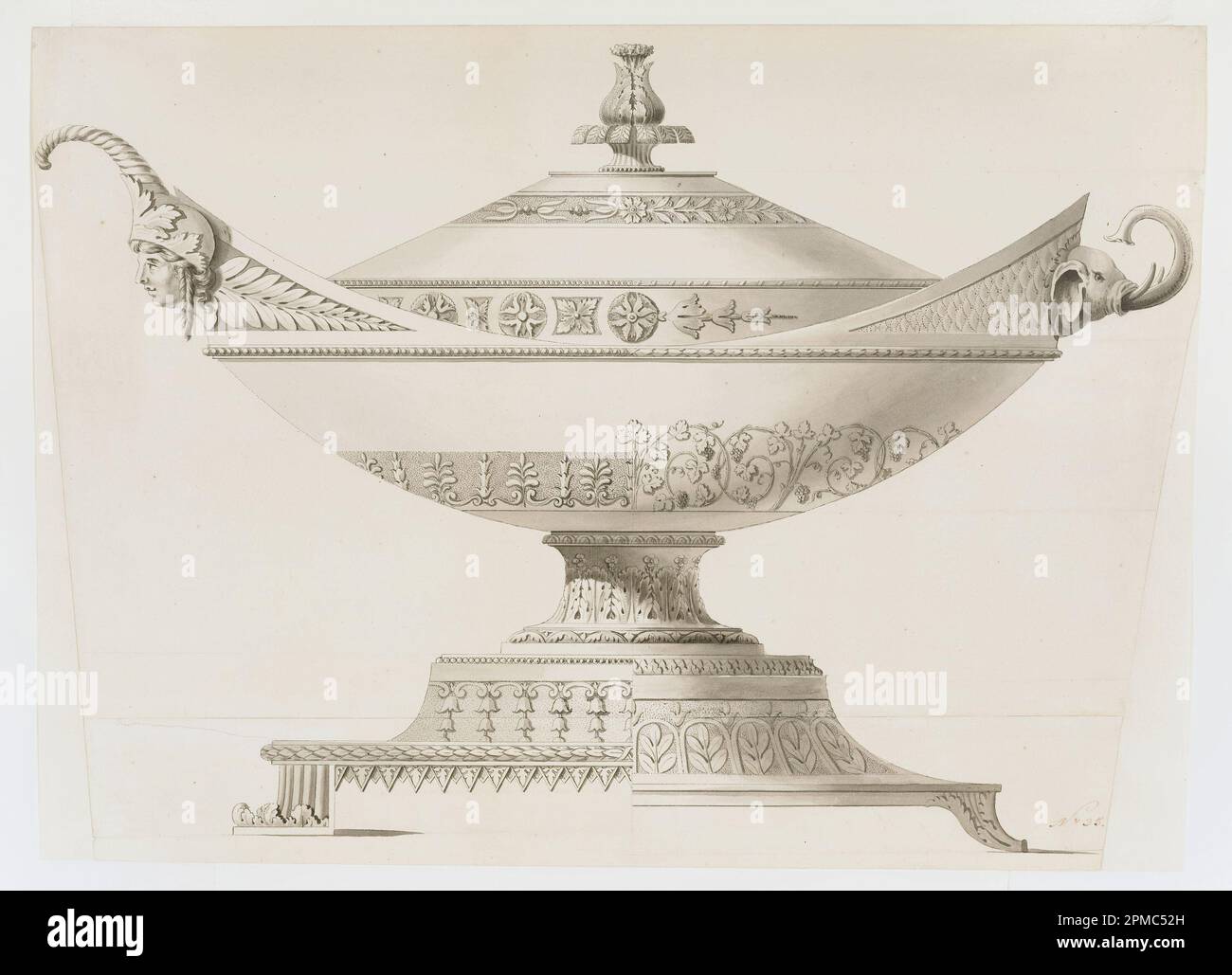 Drawing, Deign for a Covered Tureen; Johann Alois Seethaler (1796 – 1835); Attributions: Joseph Anton Seethaler II (German, 1799–1868); Germany; pen and black ink, brush and wash, graphite on white laid paper ; Sheet: 40 x 56 cm (15 3/4 x 22 1/16 in.) Mat: 40.6 x 55.9 cm (16 x 22 in.) Stock Photo