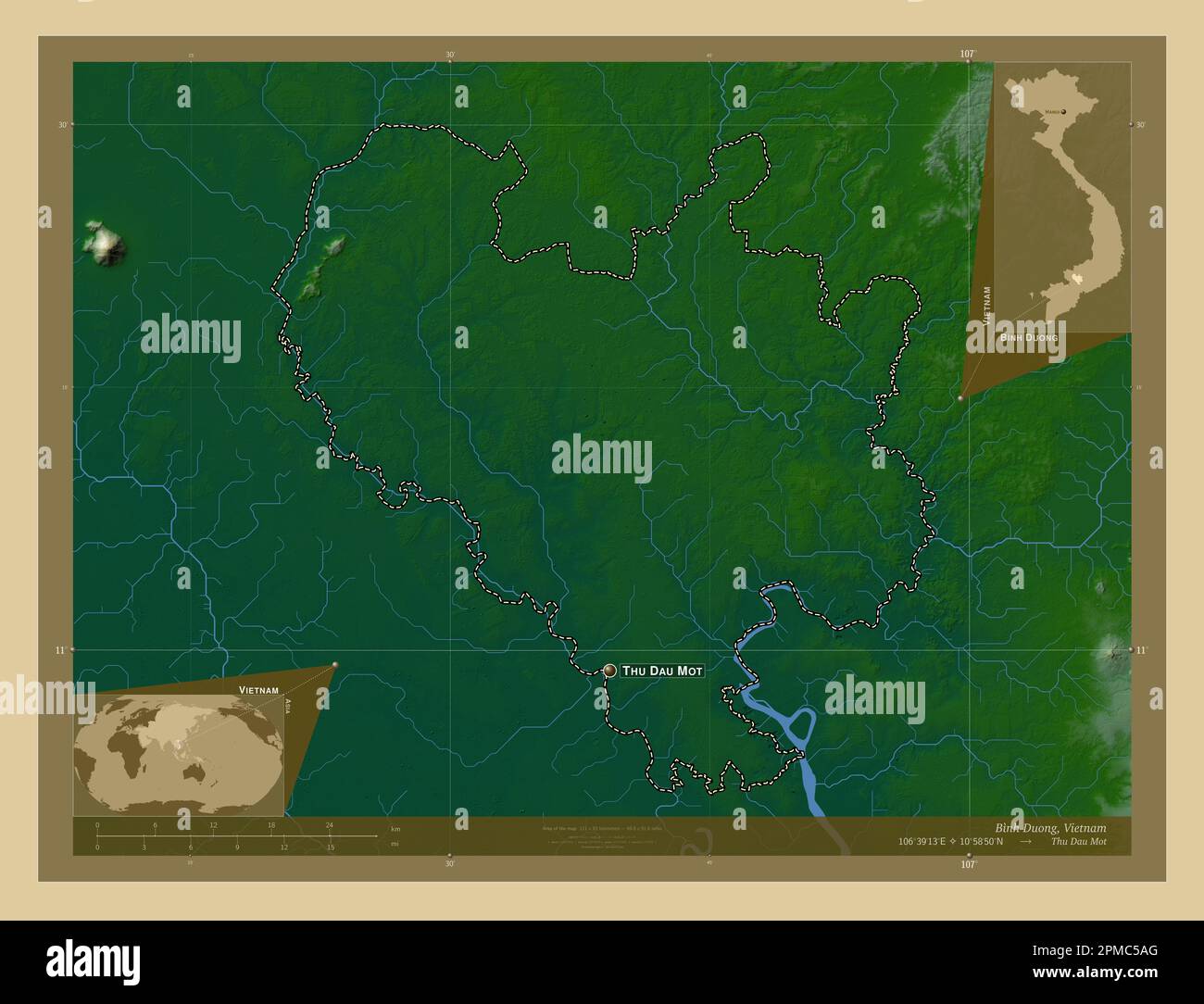 Binh Duong, province of Vietnam. Colored elevation map with lakes and