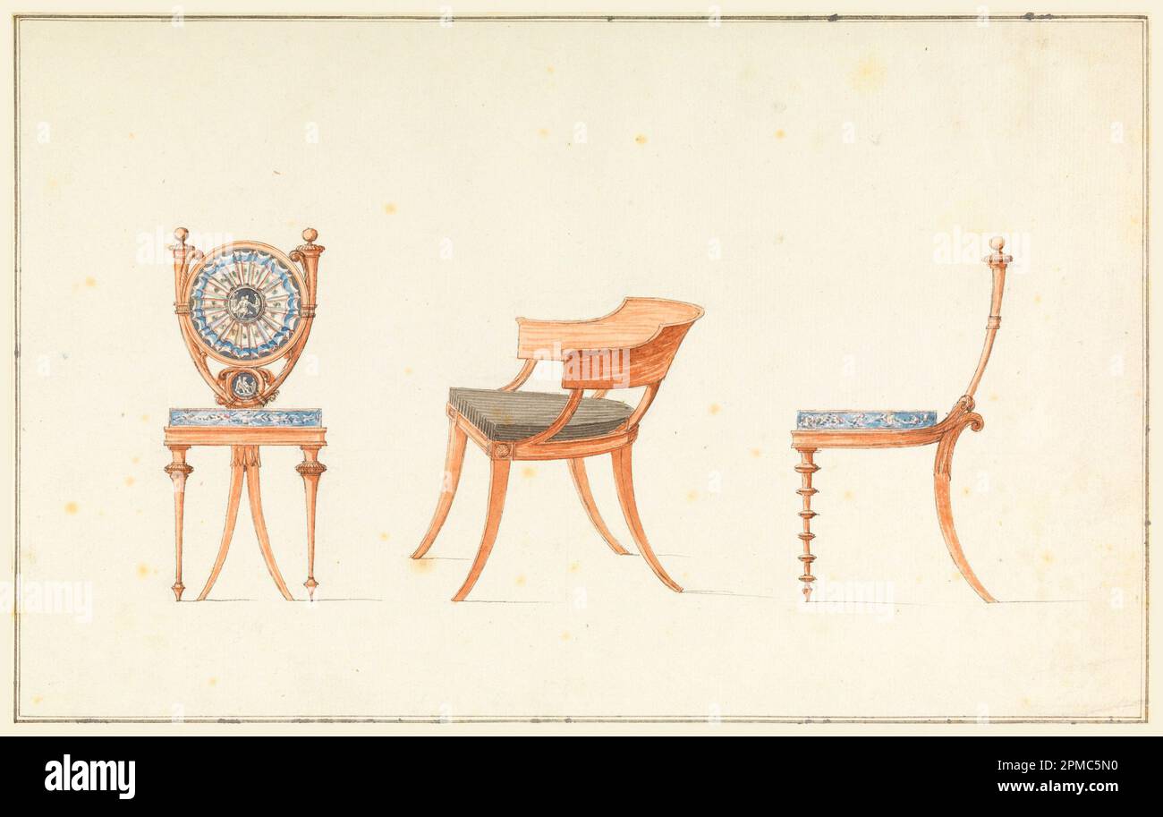 Drawing, Designs for Three Chairs; Designed by Jean Démosthène Dugourc (French, 1749–1825); Attributed to Henri Jacob (1753–1824), Georges Jacob (French, 1739–1814); Germany; pen and brown ink, brush and wash, graphite on white laid paper; 21.5 x 34.2 cm (8 7/16 x 13 7/16 in.) Stock Photo