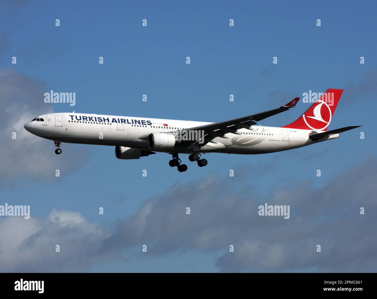 An Airbus A330-300 of Turkish Airlines approaches London Gatwick Airport Stock Photo