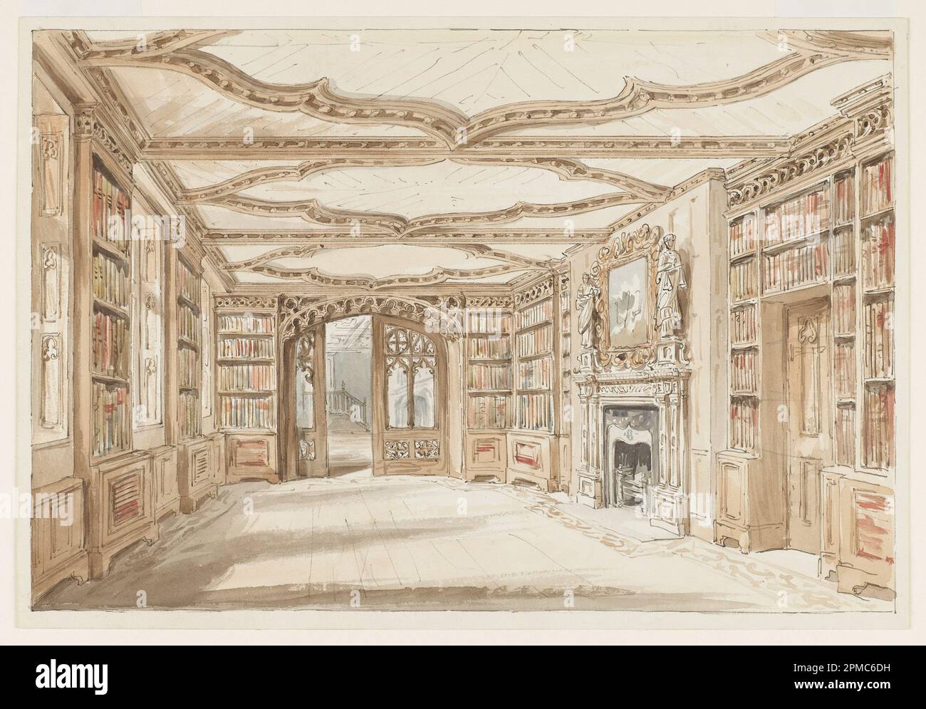 Drawing, A Library in Gothic Style; Charles James Richardson (British, 1806 – 1871); pen and brown ink, brush and watercolor, graphite on white wove paper; Frame H x W x D: 44.8 x 60.3 x 2.5 cm (17 5/8 x 23 3/4 x 1 in.) Sheet: 27.4 x 39.8 cm (10 13/16 x 15 11/16 in.); Thaw Collection; 2007-27-63 Stock Photo
