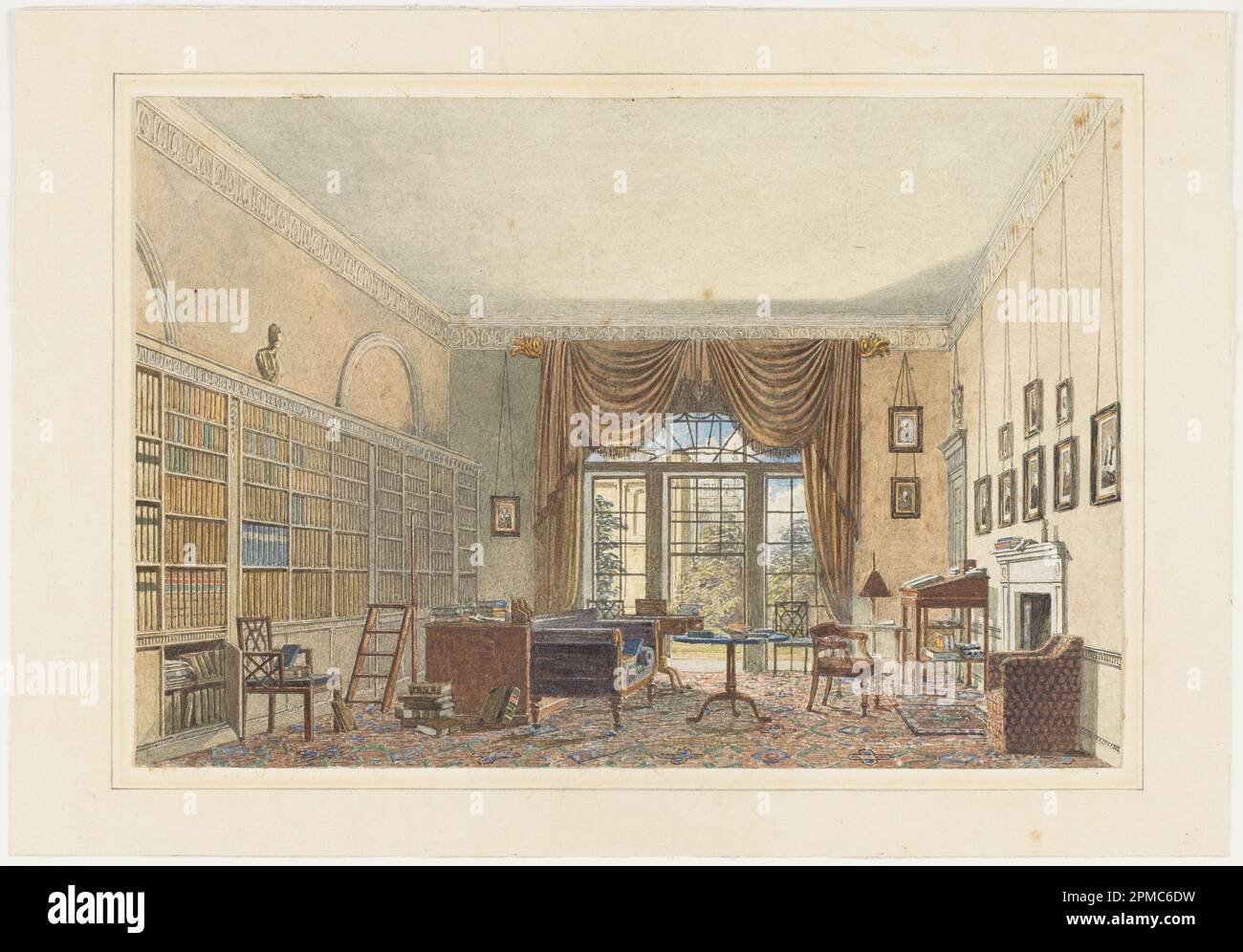 Watercolor, Interior of a Library; Unknown (English); brush and watercolor, graphite on paper; Frame H x W x D: 39.7 x 50.2 x 2.5 cm (15 5/8 x 19 3/4 x 1 in.) Sheet: 21.3 x 31.6 cm (8 3/8 x 12 7/16 in.); Thaw Collection; 2007-27-28 Stock Photo