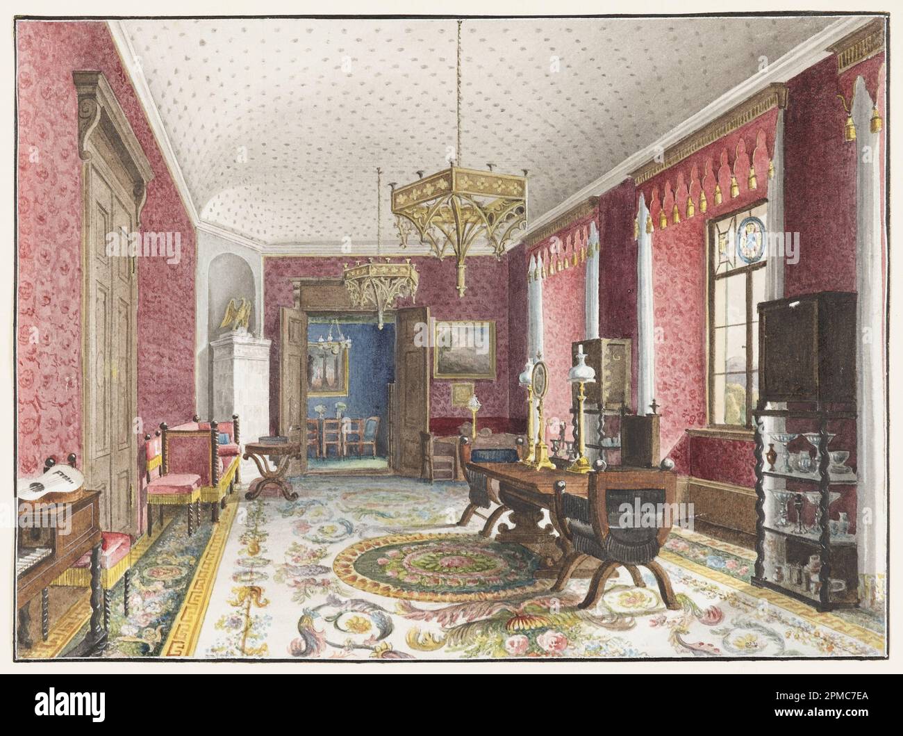 Drawing, The Red Room, Schloss Fischbach; Friedrich Wilhelm Klose; brush and watercolor, graphite on white wove paper; Frame H x W x D: 36.8 x 43.2 x 2 cm (14 1/2 in. x 17 in. x 13/16 in.) Mat: 35.6 x 45.7 cm (14 x 18 in.) 16.5 x 22.4 cm (6 1/2 x 8 13/16 in.); Thaw Collection; 2007-27-38 Stock Photo