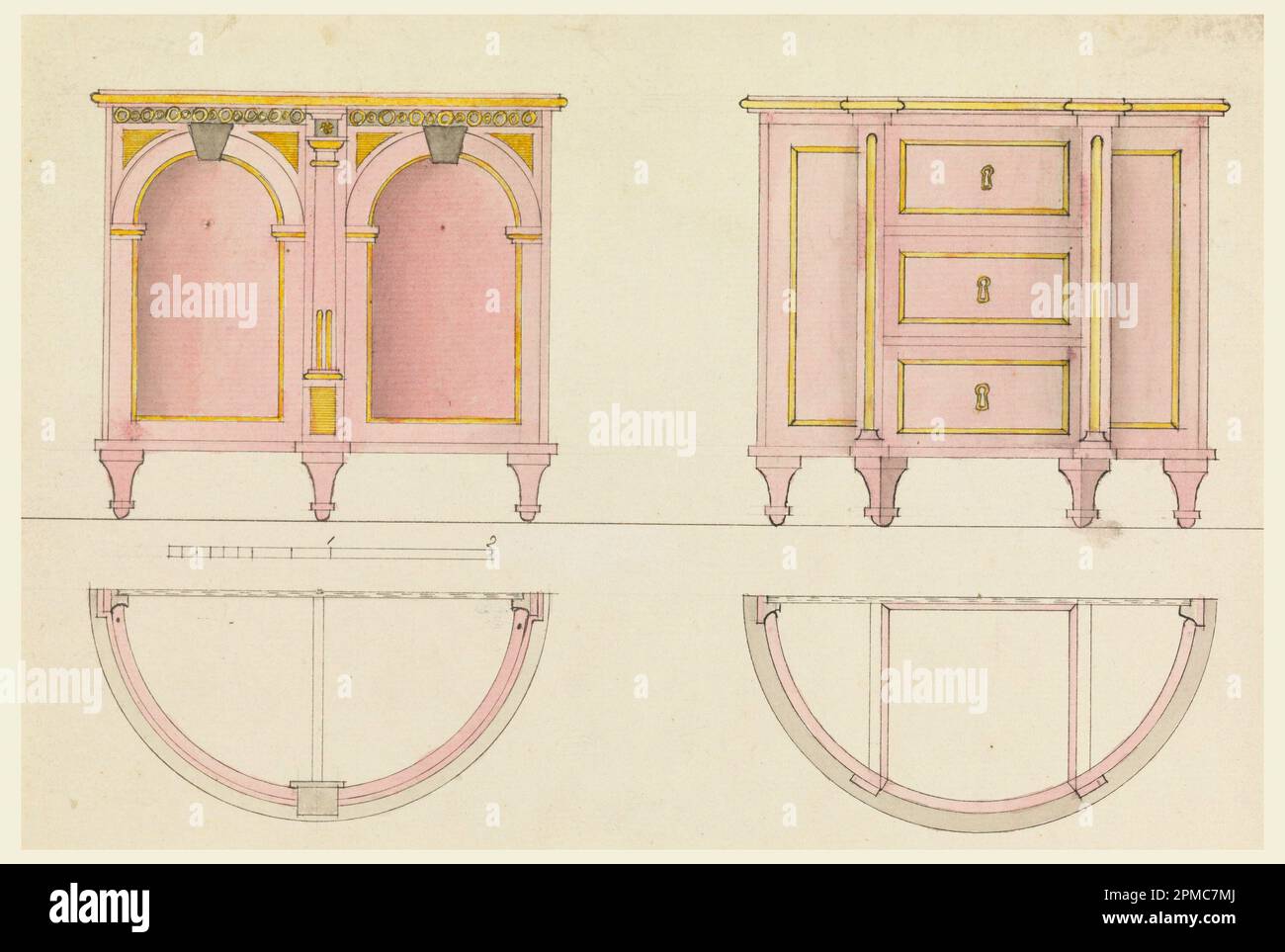 Drawing, Designs for Commodes; Germany; graphite, pen and ink, brush and watercolor on paper; 17.7 x 26.2 cm (6 15/16 x 10 5/16 in.) Stock Photo
