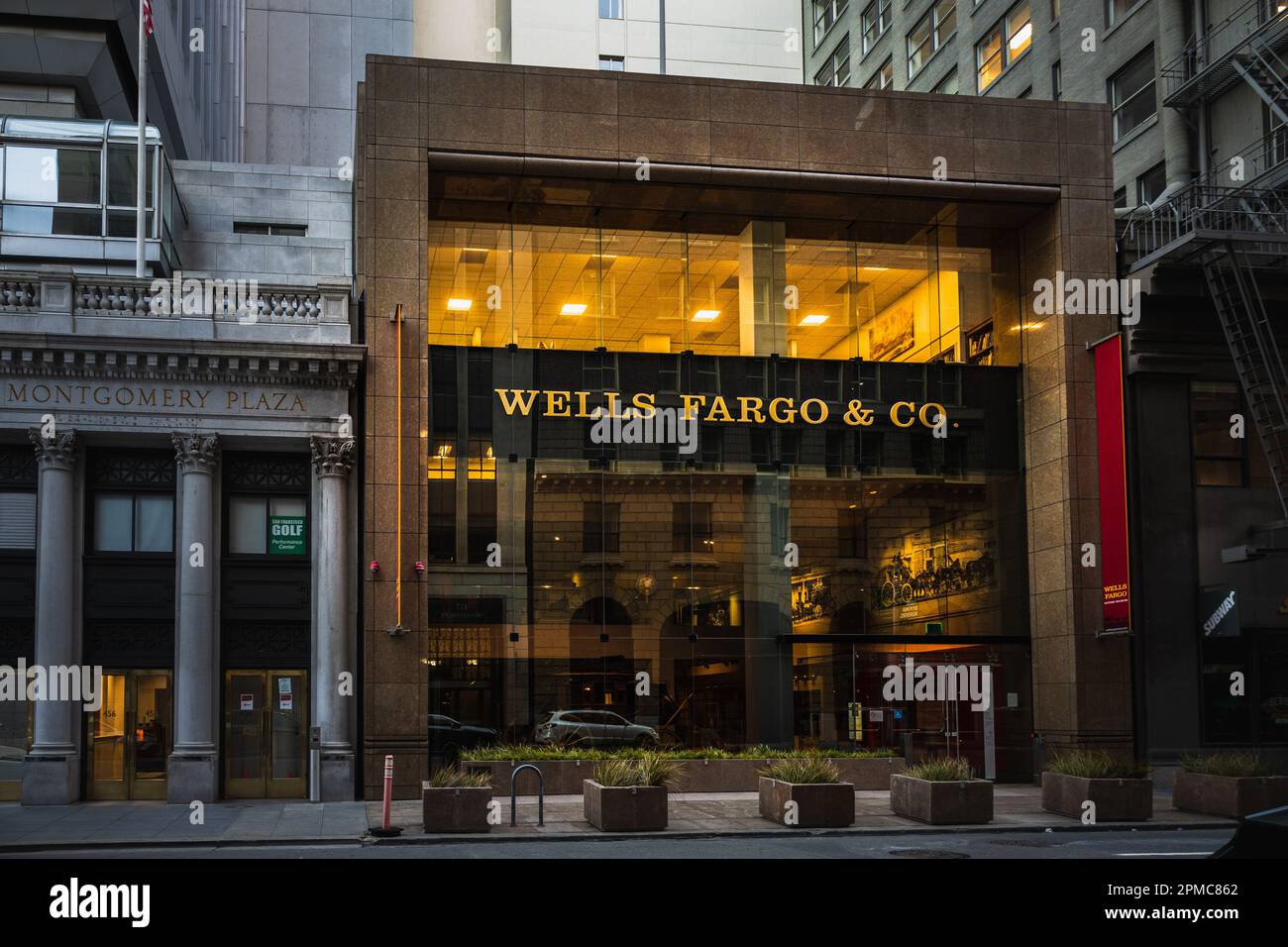 Morning exterior of Wells Fargo Bank headquarters on Montgomery Street