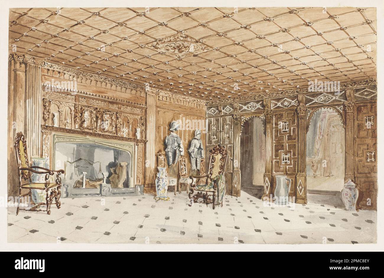 Drawing, The Entrance Hall, East Sutton Place, Kent; Charles James Richardson (British, 1806 – 1871); brush and watercolor, graphite on white wove paper; Frame H x W x D: 39.7 x 50.2 x 2.5 cm (15 5/8 x 19 3/4 x 1 in.) Sheet: 19.5 x 30.6 cm (7 11/16 x 12 1/16 in.); Thaw Collection; 2007-27-33 Stock Photo
