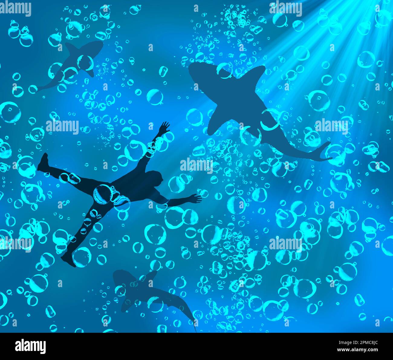 A drowning man is seen from below as shark circle him in an underwater view of water, air bubbles and sunlight from above in this metaphor 3-d illustr Stock Photo