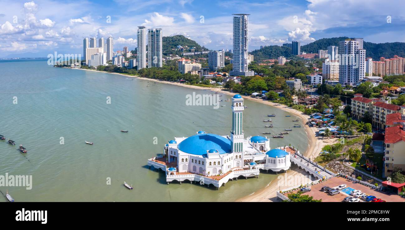 Aerial photo of the islam Floating Mosque panorama on Penang island in Malaysia Stock Photo