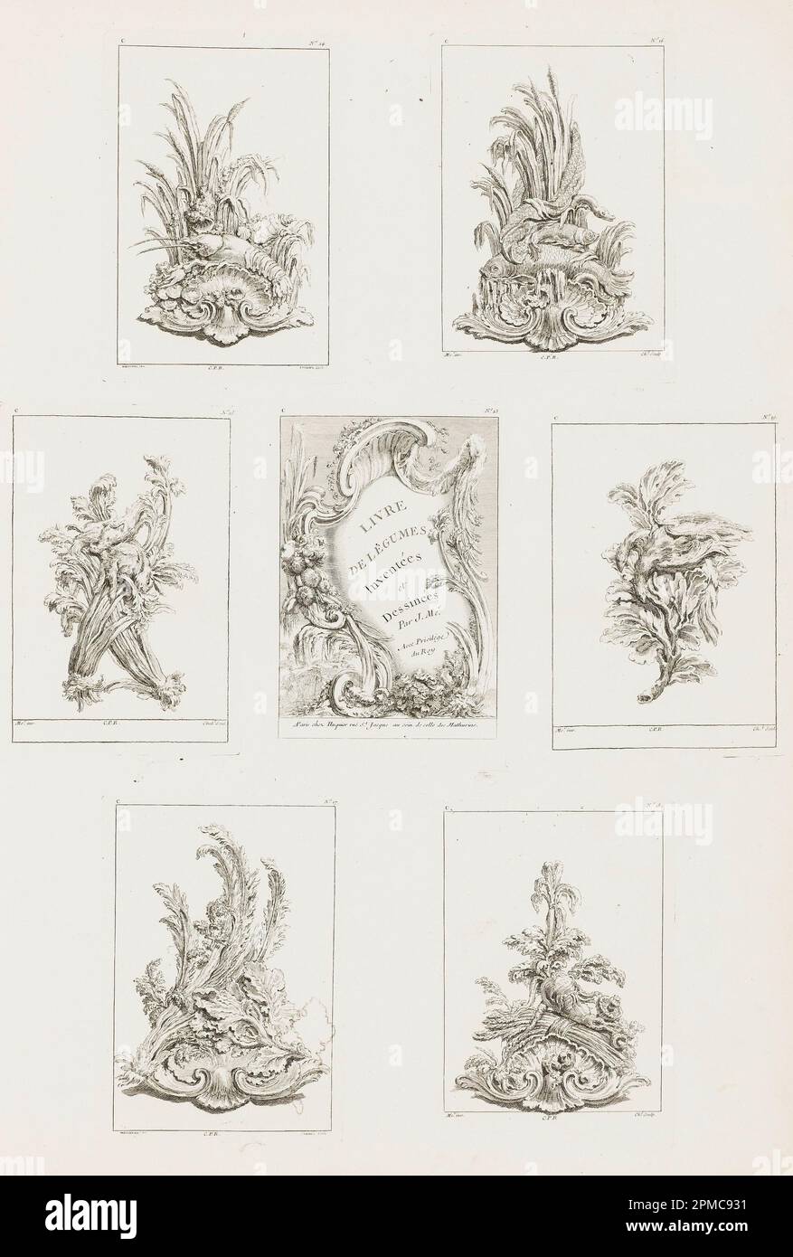 Print, Ornament Design with Wheat and Acanthus Leaves over Shell, from Livre des Legumes [Series of Vegetable Ornament], pl. 17 in Oeuvre de Juste-Aurèle Meissonnier; Designed by Juste-Aurèle Meissonnier (French, b. Italy, 1695–1750); Engraved by Pierre-Quentin Chedel (1705 – 1763); Published by Gabriel Huquier (French, 1695–1772); France; etching on off-white laid paper; 16 x 11.2 cm (6 5/16 x 4 7/16 in.) Stock Photo