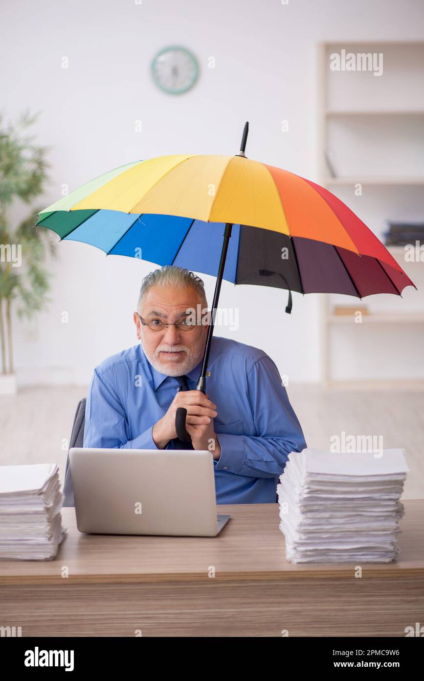 Old employee holding an umbrella at workplace Stock Photo Alamy
