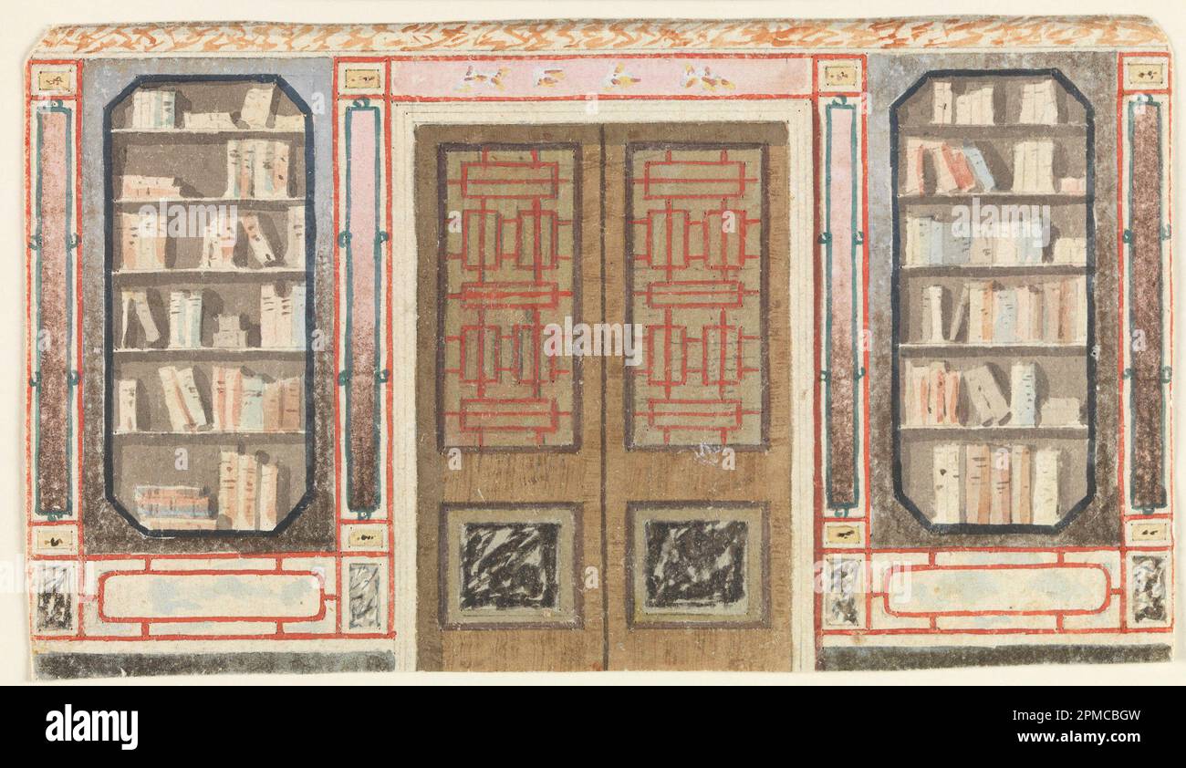 Drawing, Design for Doorway and Bookcase, probably for King's Library, Royal Pavilion, Brighton; Frederick Crace (English, 1779–1859); England; brush and watercolor, graphite on white wove paper; Mat: 40.6 x 55.9 cm (16 x 22 in.) 10.3 x 18.8 cm (4 1/16 x 7 3/8 in.) Stock Photo