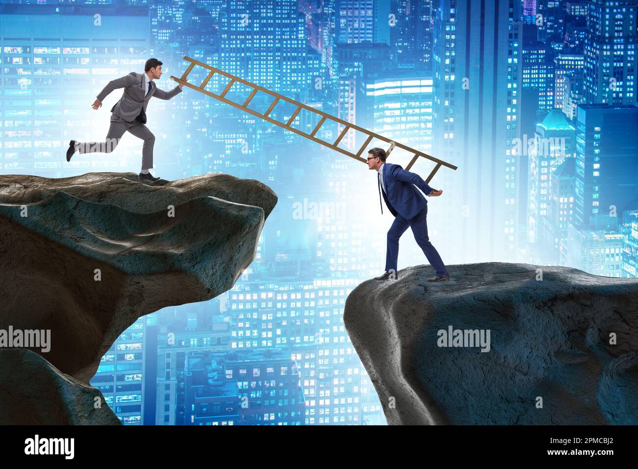 Business people helping to go over the chasm Stock Photo - Alamy
