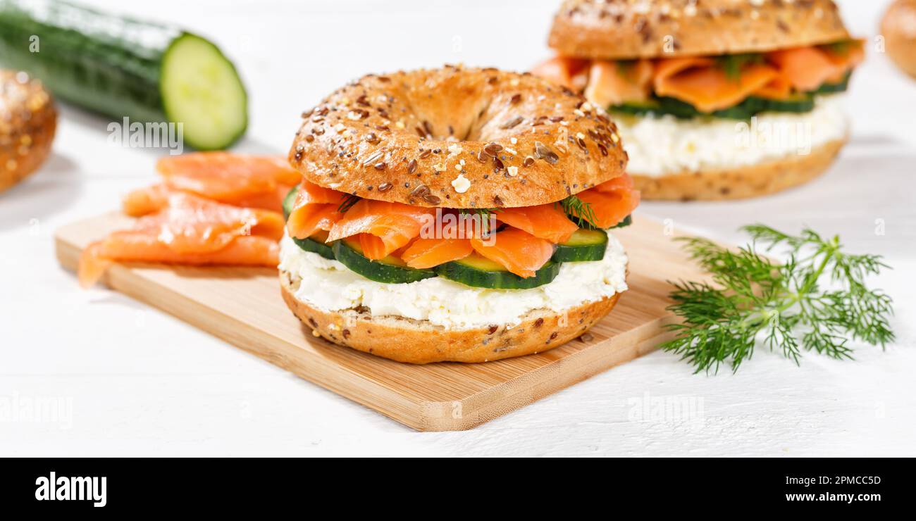 Bagel sandwich with salmon fish and cream cheese for breakfast panorama Stock Photo Alamy