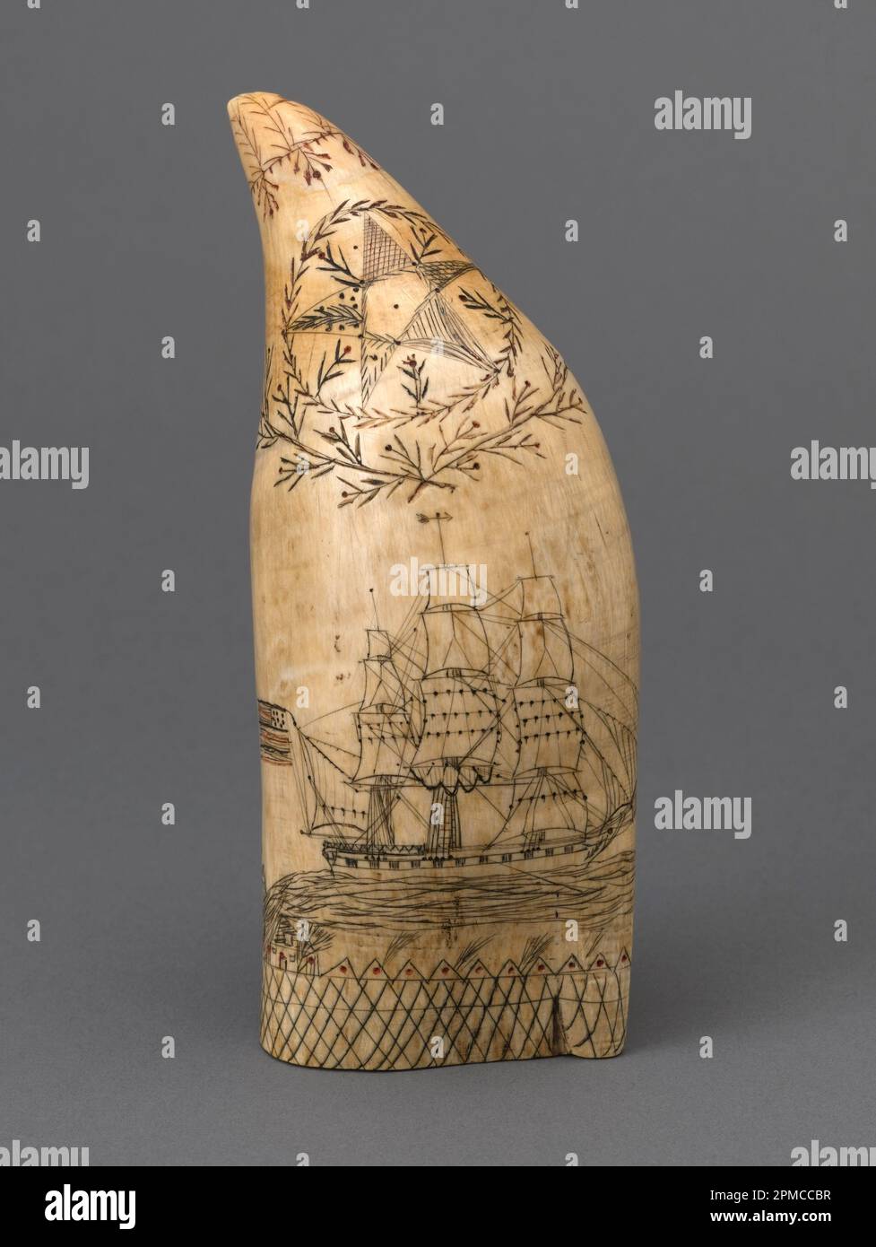 Scrimshaw (USA); whale tooth, india ink; Overall (vertical): 17.5 x 7.5 x 5.5 cm (6 7/8 x 2 15/16 x 2 3/16 in.) Stock Photo