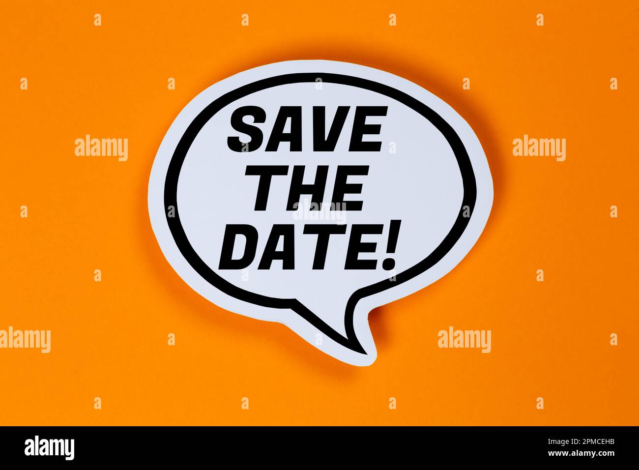 Save the date invitation message information in a speech bubble communication info concept Stock Photo