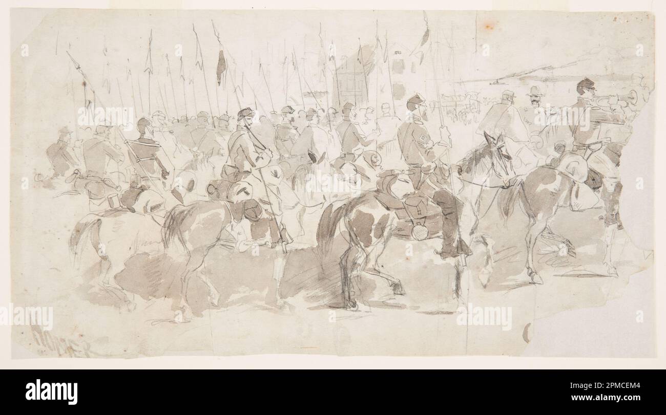 Drawing, General McClellan's Sixth Cavalry Regiment, Embarking at Alexandria for Old Point Comfort; Winslow Homer (American, 1836–1910); USA; graphite, brush and gray wash on cream paper; 21.9 x 40.3 cm (8 5/8 x 15 7/8 in.) Stock Photo