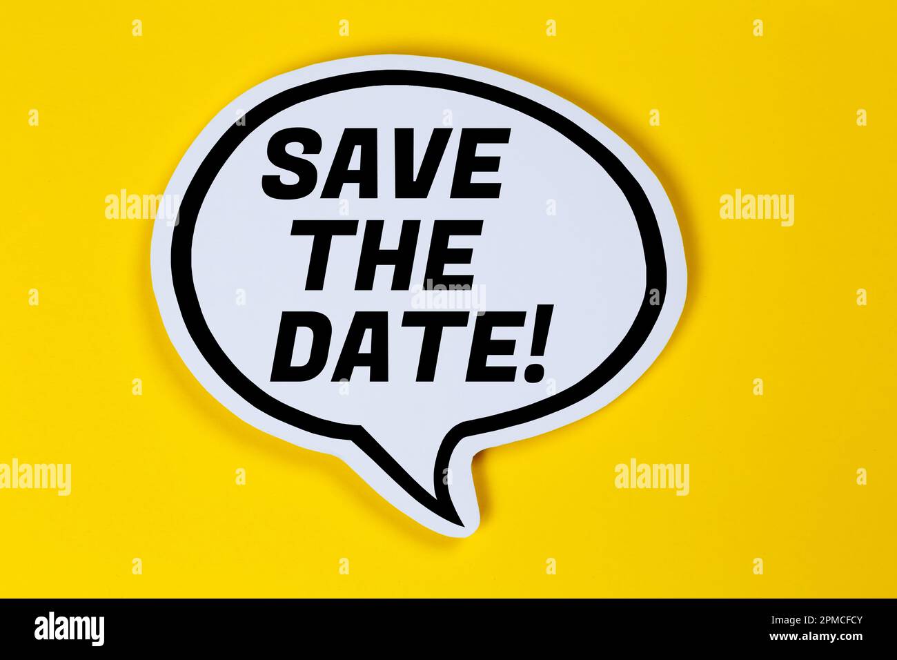 Save the date invitation message information in a speech bubble communication info concept Stock Photo