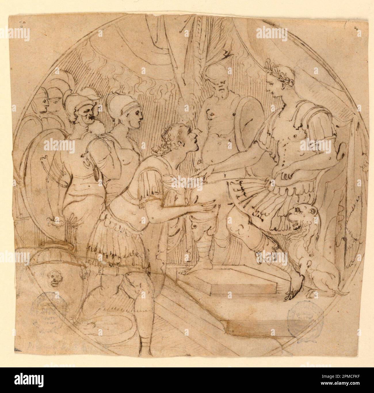 Drawing, Design for a Plate or a Tondo: Soldiers supplicant before a Roman General; Attributed to Taddeo Zuccaro (Italian, 1529 - 1566); Italy; pen and brown ink, brush and brown wash over black chalk on cream-colored laid paper; 14.9 x 15.2 cm (5 7/8 x 6 in. ) irregular Stock Photo