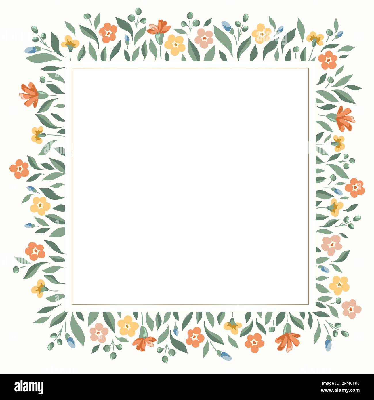 Delicate Chintz Romantic Meadow Wildflowers Vector Square Frame Stock Vector