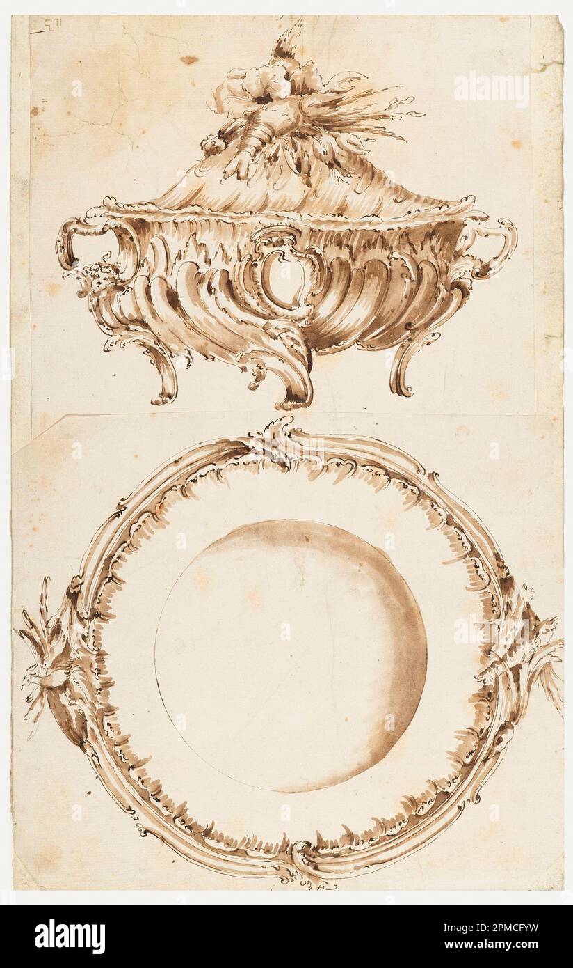 Drawing, Design for a Tureen and a Platter; Designed by Thomas Germain; France; graphite, pen and brush with ink wash and sepia; Sheet: 17.5.3 x 20.2 cm (6 7/8 x 7 15/16 in.) Stock Photo