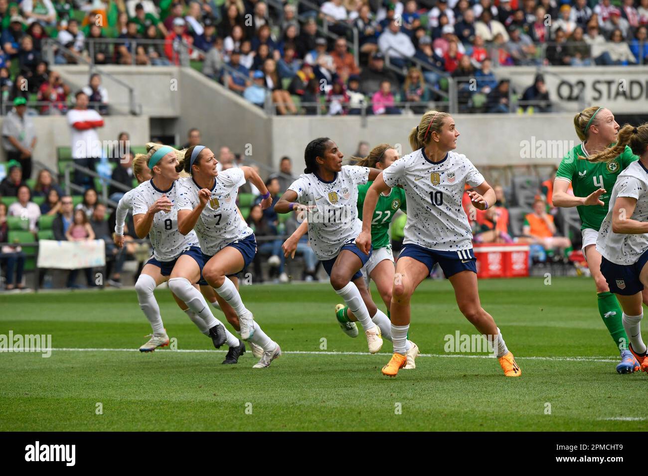 USA players, l to r, JULIE ERTZ (8), ASHLEY HATCH (7), NAOMI GIRMA (27) and LINDSAY HORAN (10) team up to block an Ireland kick during the second half of a United States Women's National Team (USWNT) soccer friendly against the Republic of Ireland (IRL) as both teams prepare for the upcoming Women's World Cup  later in 2023.  The U.S.A. team beat the Irish team, 2-0 on April 8, 2023 Stock Photo