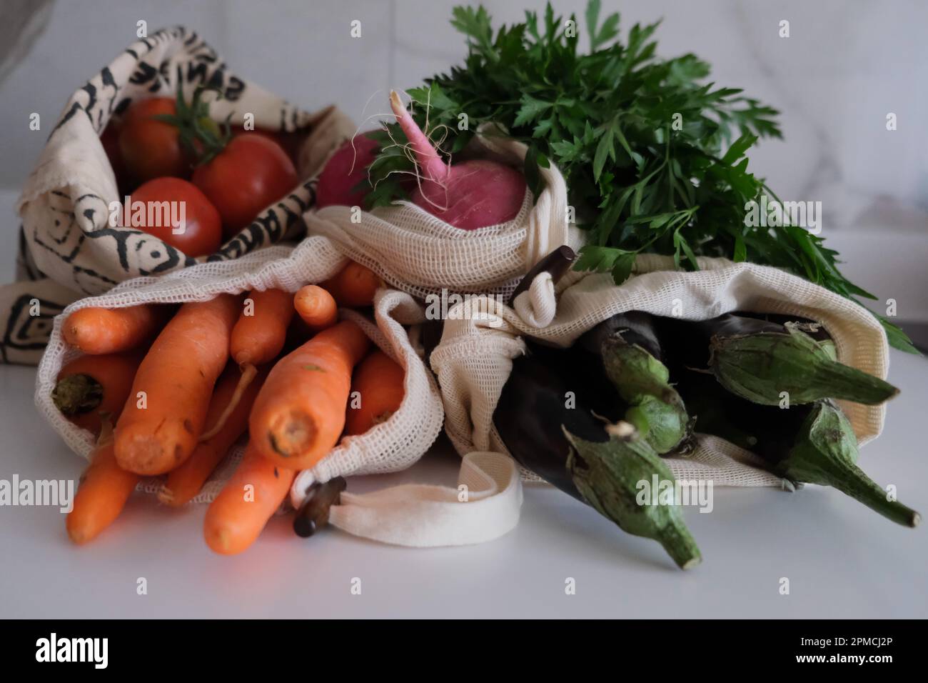 Grocery healthy shopping, vegetables, fruits and greens in ecofriendly