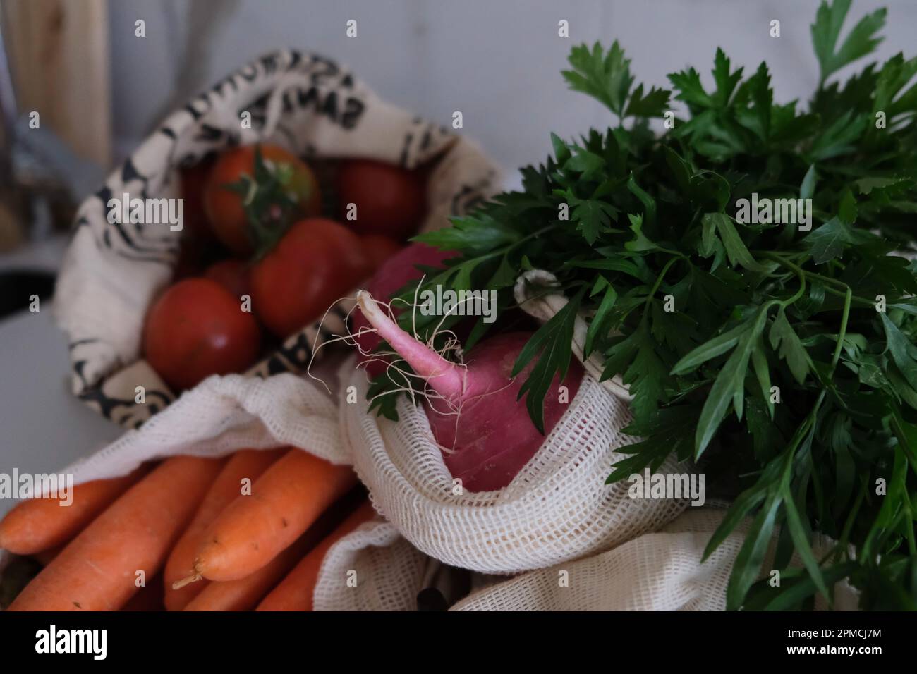 Grocery healthy shopping, vegetables, fruits and greens in ecofriendly