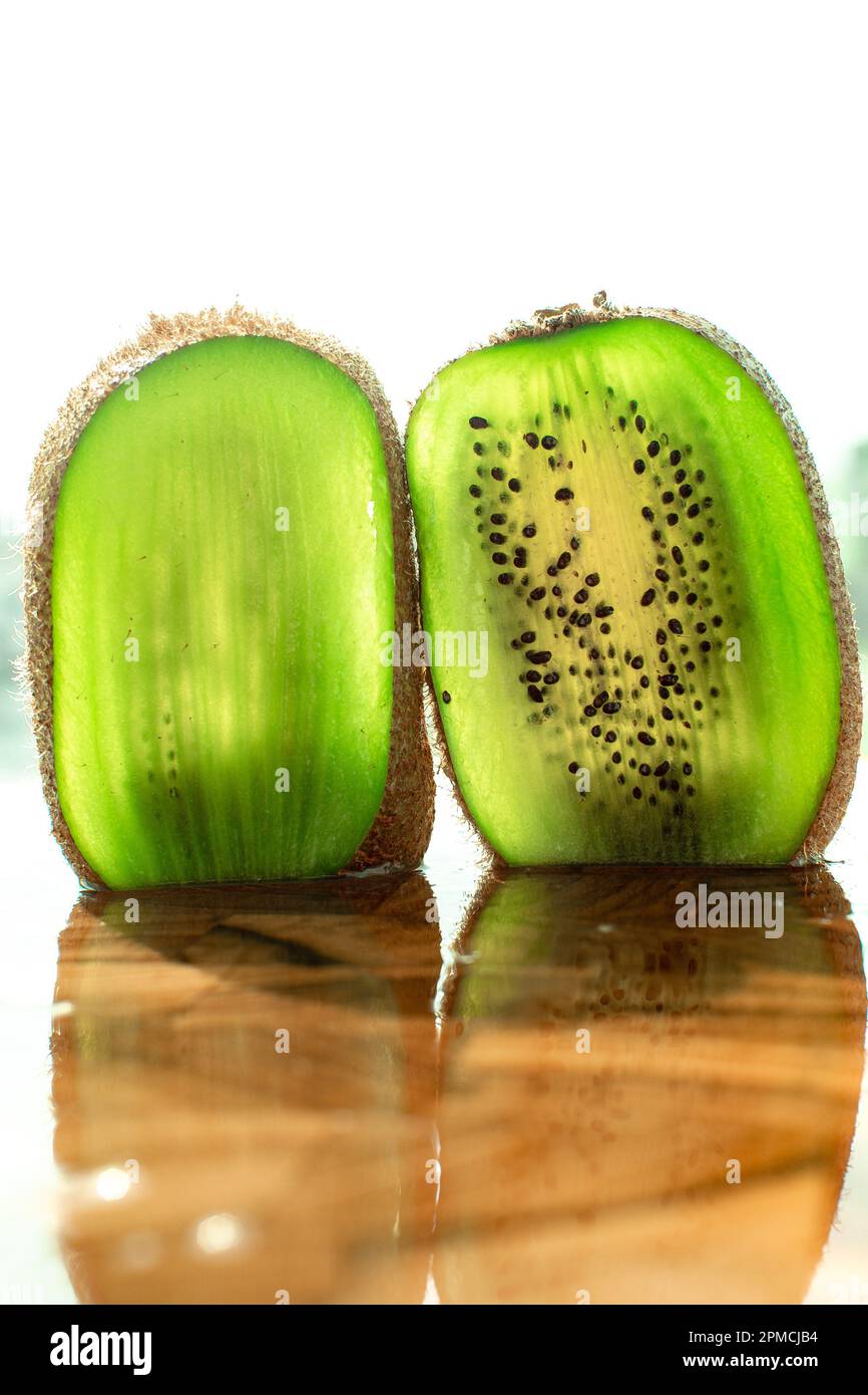 Closeup of a kiwi fruit with its vibrant green color. The texture