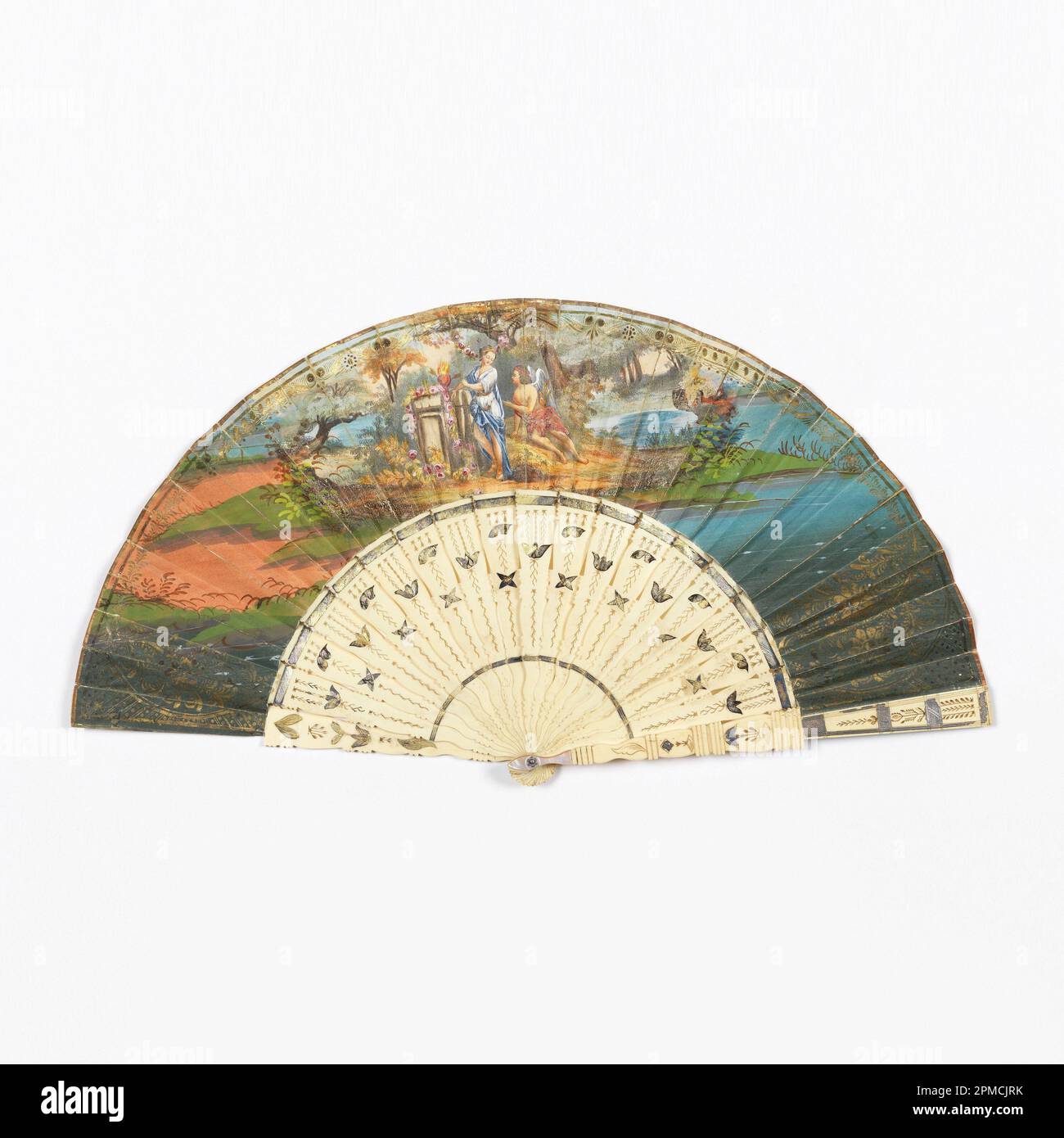 Pleated Fan (France); paper leaf with hand-colored lithograph, pierced and gilded bone sticks Stock Photo