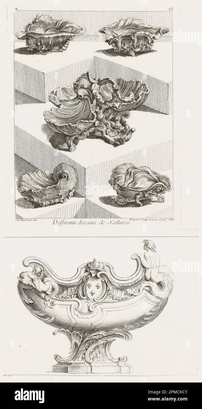 Print, Differents Desseins de Sallieres [Various Designs for Salt Dishes], pl. 63 in Oeuvre de Juste-Aurele Meissonnier; Designed by Juste-Aurèle Meissonnier (French, b. Italy, 1695–1750); Etched by Gabriel Huquier (French, 1695–1772); France; etching on off-white laid paper; Platemark: 25.5 x 19.7 cm (10 1/16 x 7 3/4 in.) Image: 23.5 x 17.9 cm (9 1/4 x 7 1/16 in.) Stock Photo